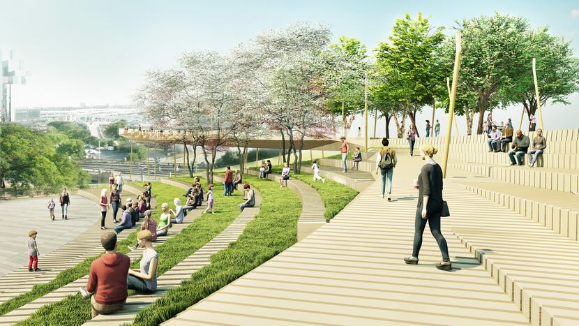 In the proposed redesign of Dealey Plaza, the curving path to the Memorial Overlook forms an...