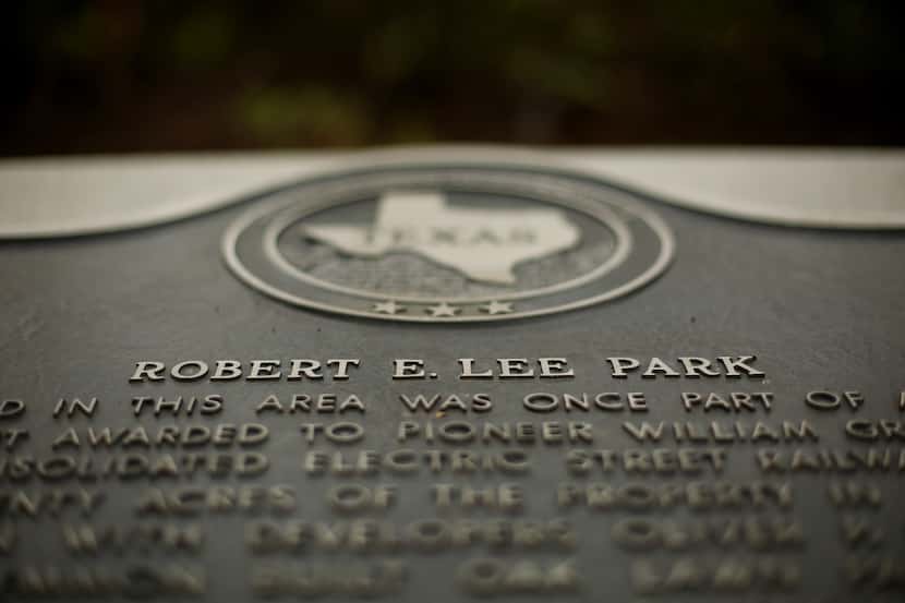 A Texas Historical Commission plaque near where a statue of Confederate Gen. Robert E. Lee...