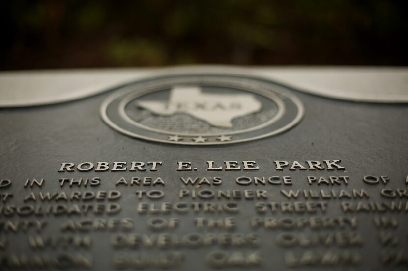 A Texas Historical Commission plaque near where a statue of Confederate Gen. Robert E. Lee...