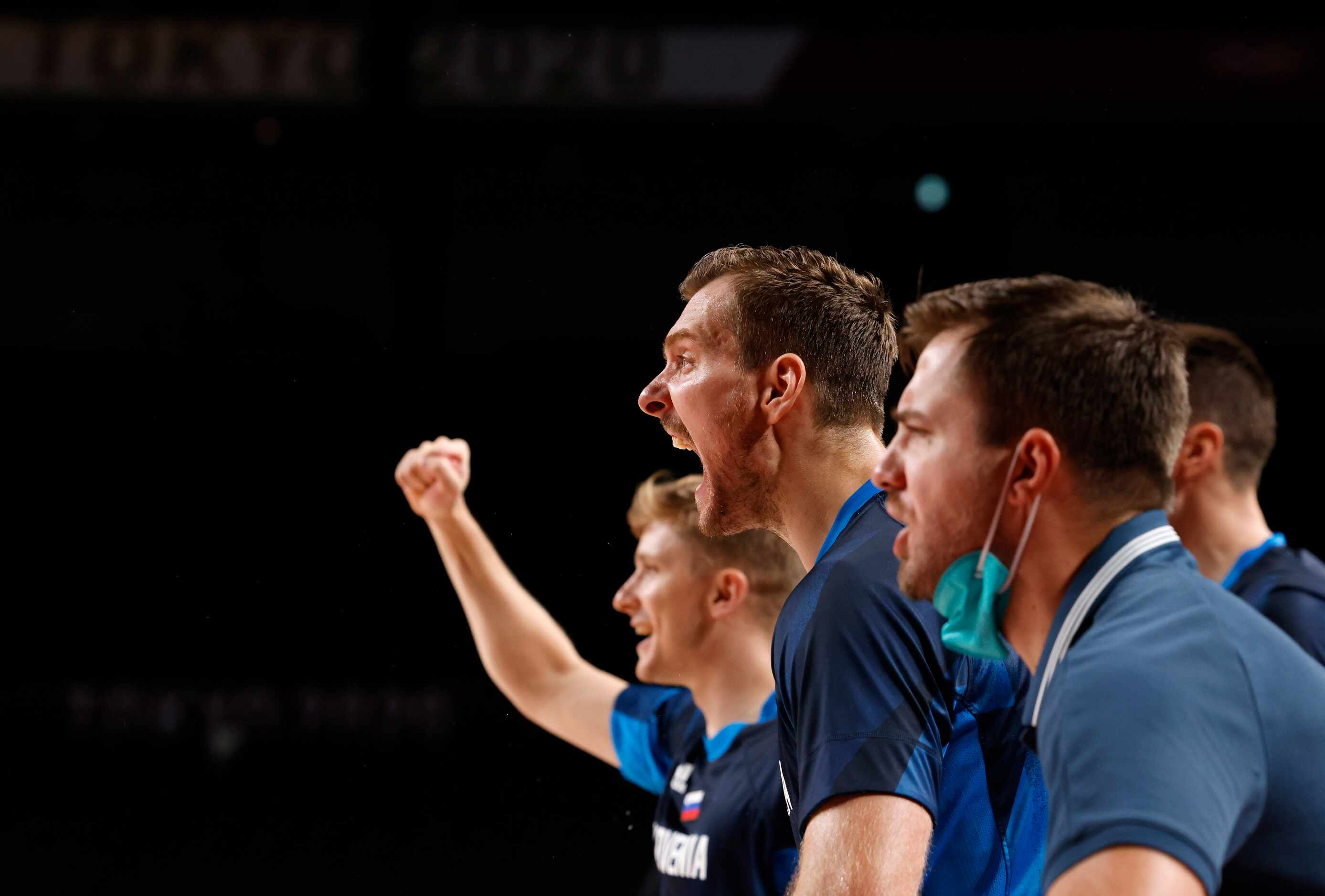 Slovenia’s Zoran Dragic (30) celebrates after a made basket as they play Germany during the...