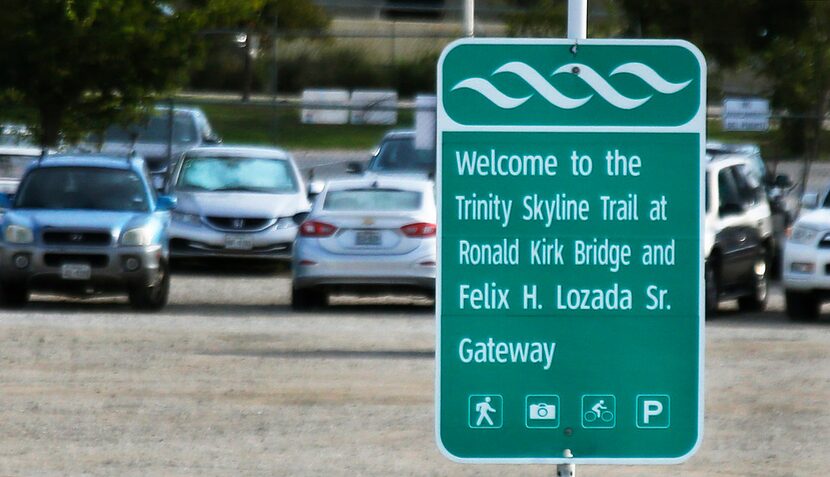 A sign identifies the Trinity Skyline Trail off of Canada Drive in West Dallas, part of the...