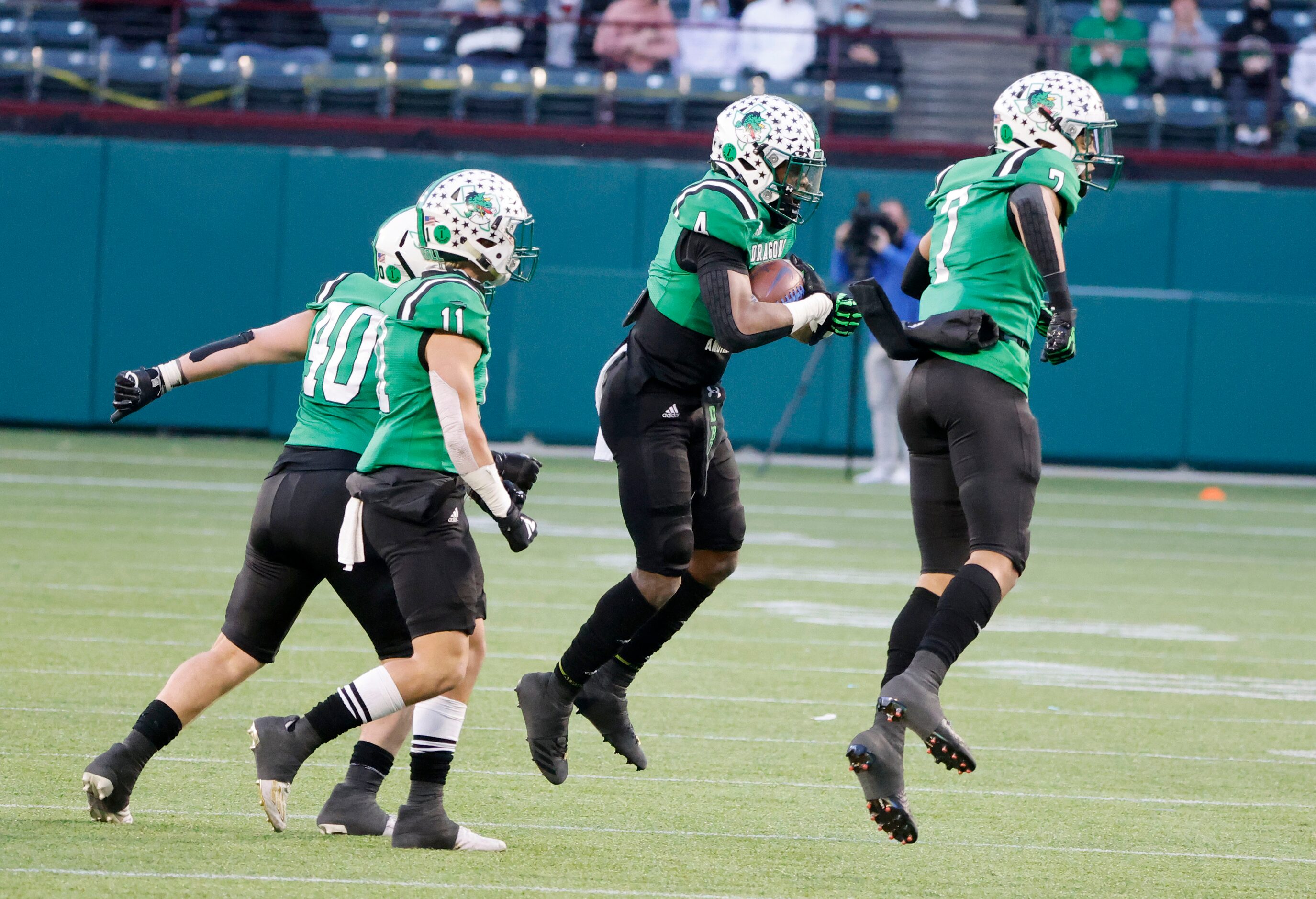 Southlake’s Cinque Williams (4) celebrates his interception against Duncanville with...