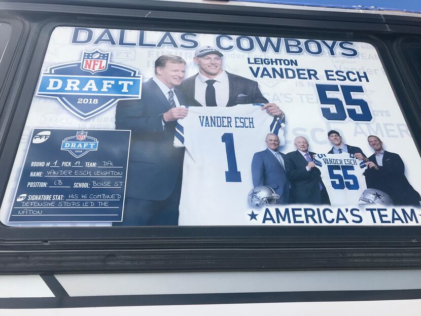 A sign on the window of the Vander Esch Express details the credentials of Cowboys rookie...