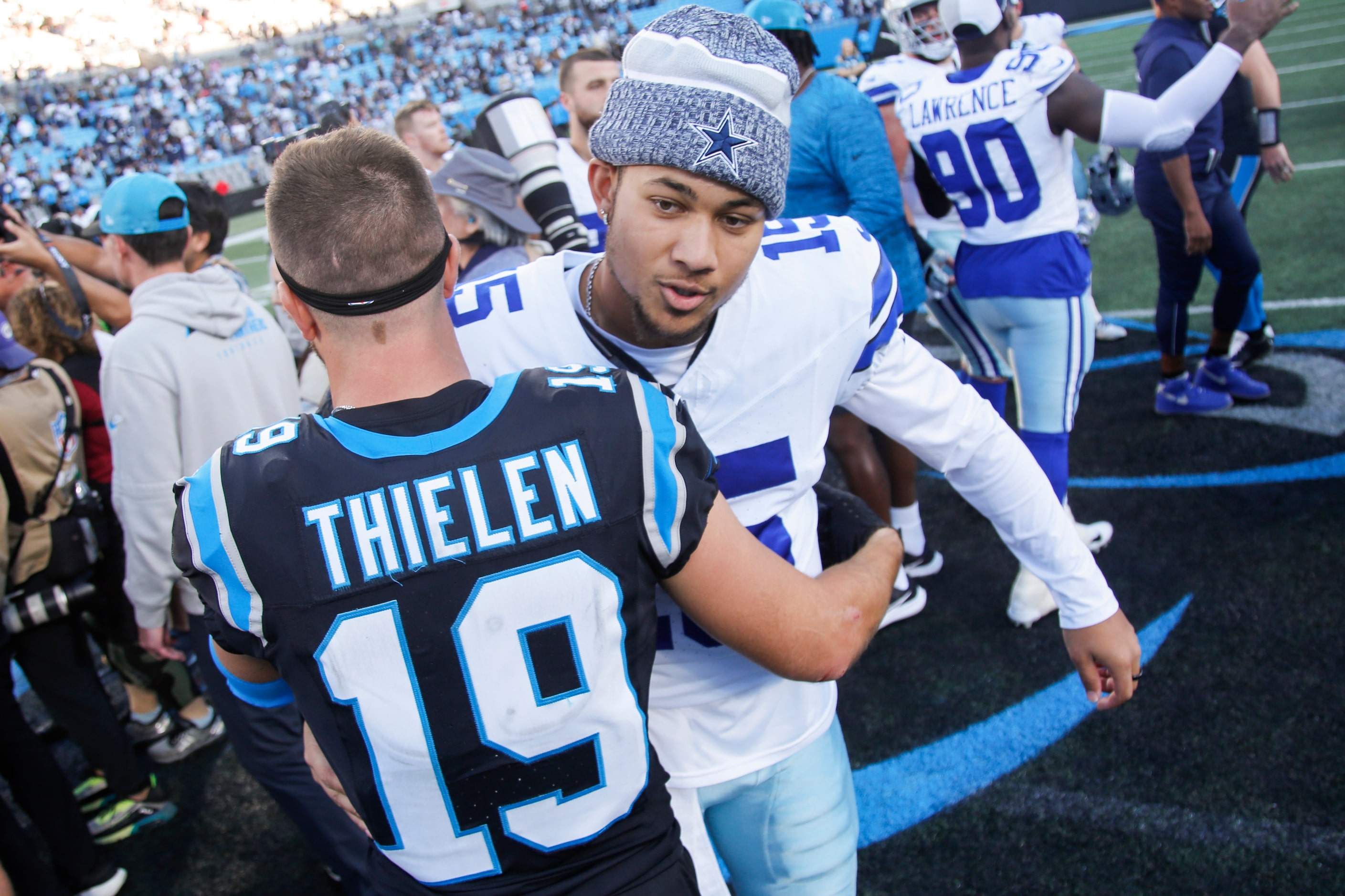 Carolina Panthers wide receiver Adam Thielen (19) and Dallas Cowboys quarterback Trey Lance...