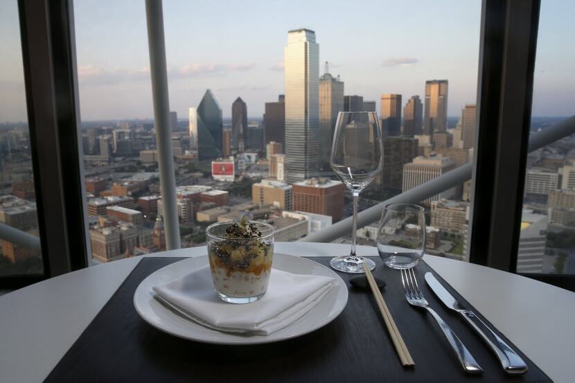 A desert of halo halo with a Dallas skyline in the background at Five Sixty by Wolfgang Puck...