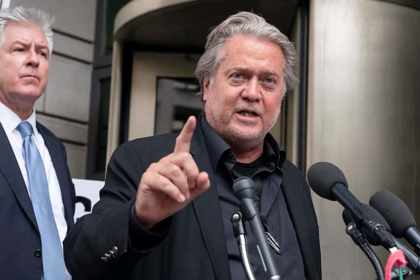 Before a jury found him guilty on Friday, July 22, 2022, Steve Bannon speaks to the media as...