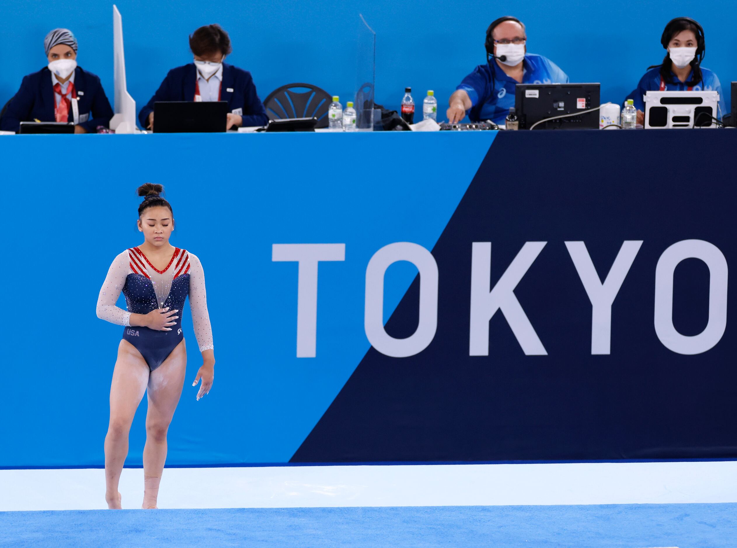 USA’s Sunisa Lee prepares to perform her floor routine during the women’s all-around final...