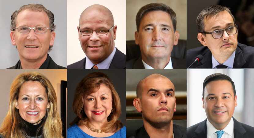 Photo composite of candidates and contenders for Dallas mayor, top row from left: Mike...