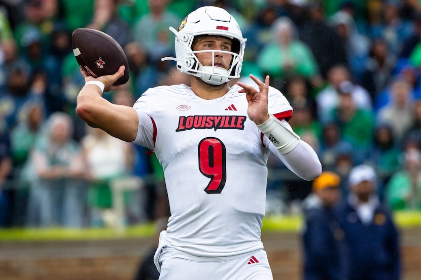 Louisville quarterback Tyler Shough (9) throws a pass during the first half of an NCAA...