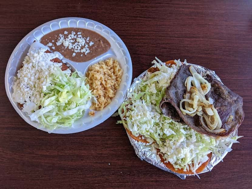 Enchiladas potosinas (left) and enchiladas rioverdenses (right) at Tortilleria La Potosina,...