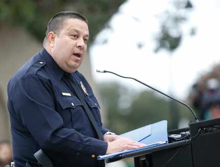 Executive Assistant Chief Albert Martinez speaks during a ceremony celebrating the life of...