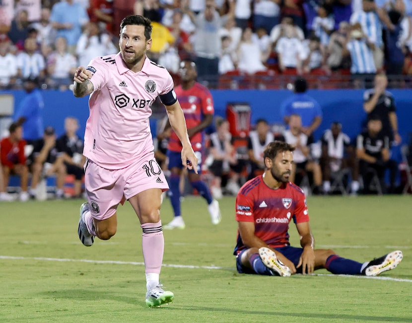 Inter Miami’s Lionel Messi (10) celebrates his first half goal agianst FC Dallas midfielder...