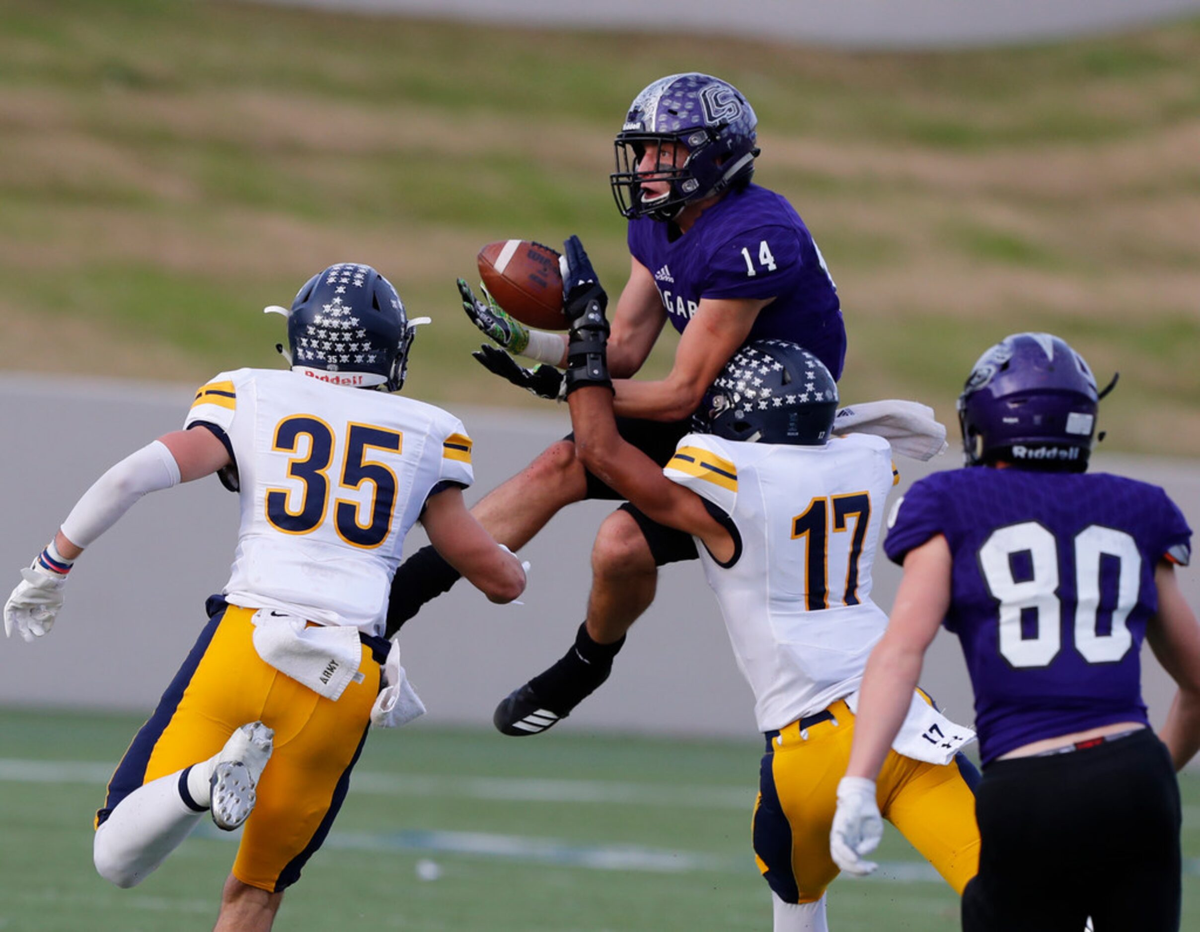 Highland Park Ryan Khetan (17) deflects a pass intended to College Station Zachary Williams...