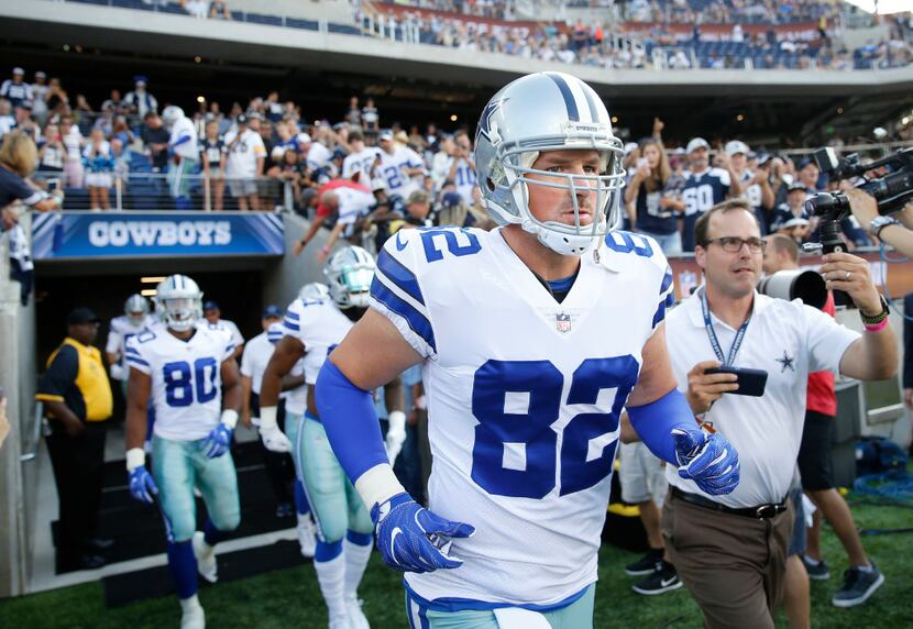 FILE - Dallas Cowboys tight end Jason Witten (82) takes the field before the start of the...