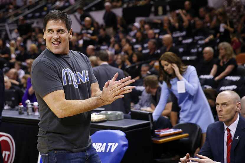 Dallas Mavericks owner Mark Cuban shows his emotions before Game 1 of the NBA Western...