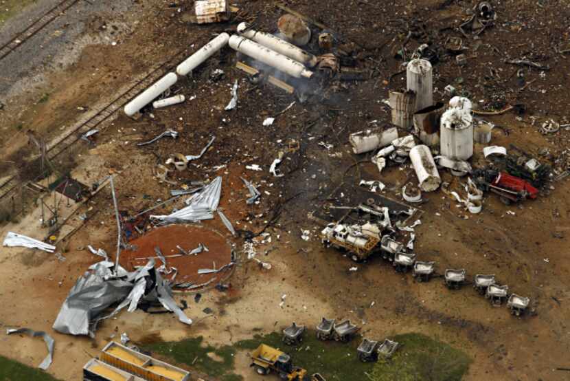 An aerial image shot the day after the fire and explosion at a fertilizer plant in West...