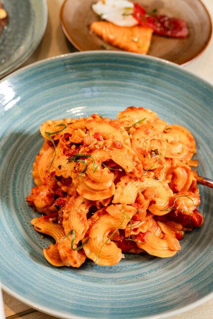 The Creste de Gallo pasta at Emilia's comes with rock shrimp and a blistered tomato fra...