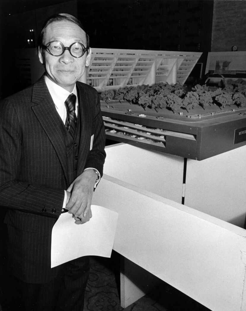 I.M. Pei poses with a model of his design for Dallas City Hall on March 4, 1970.
