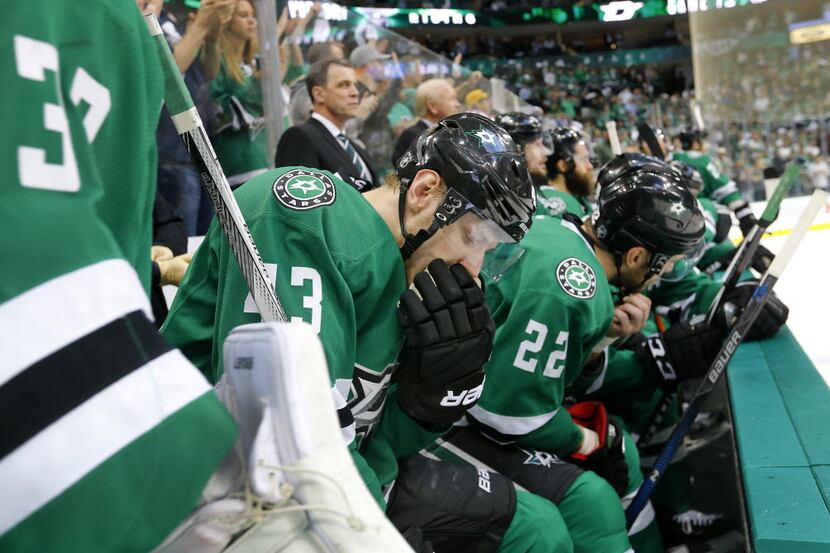 Dallas Stars right wing Valeri Nichushkin (43) reacts on the bench as the final seconds tick...