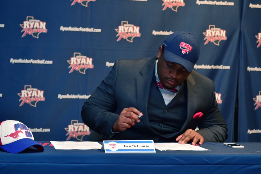 
Ryan High School defensive tackle Ken McLaurin signs to play football for Southern...