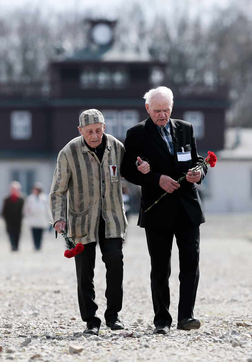  Buchenwald survivors Alexander Bytschok, left, from Ukraine and Andrej Moiseenko from...