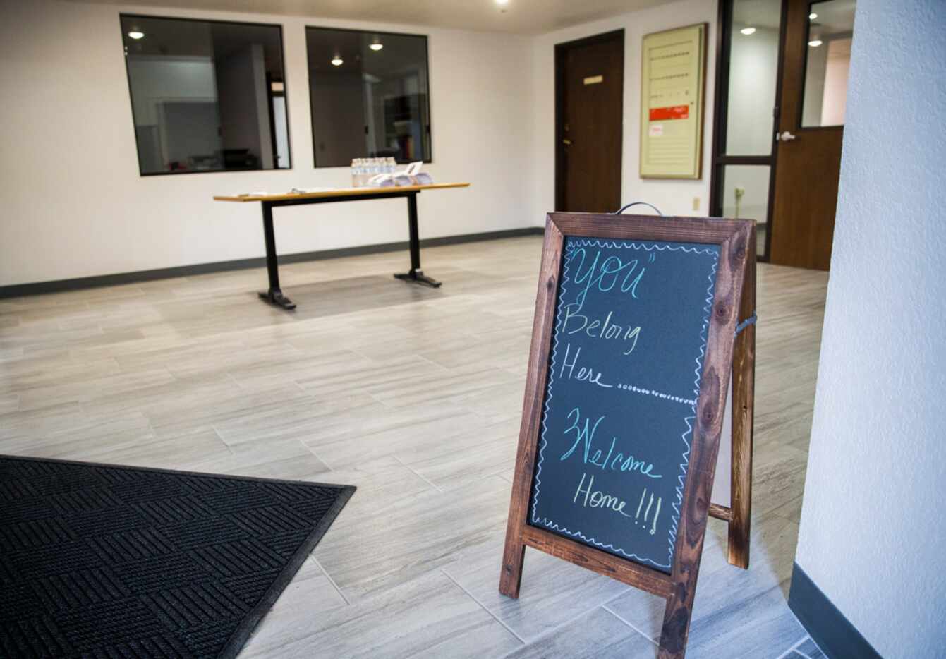 A welcome sign inside the front lobby of St. Jude Center