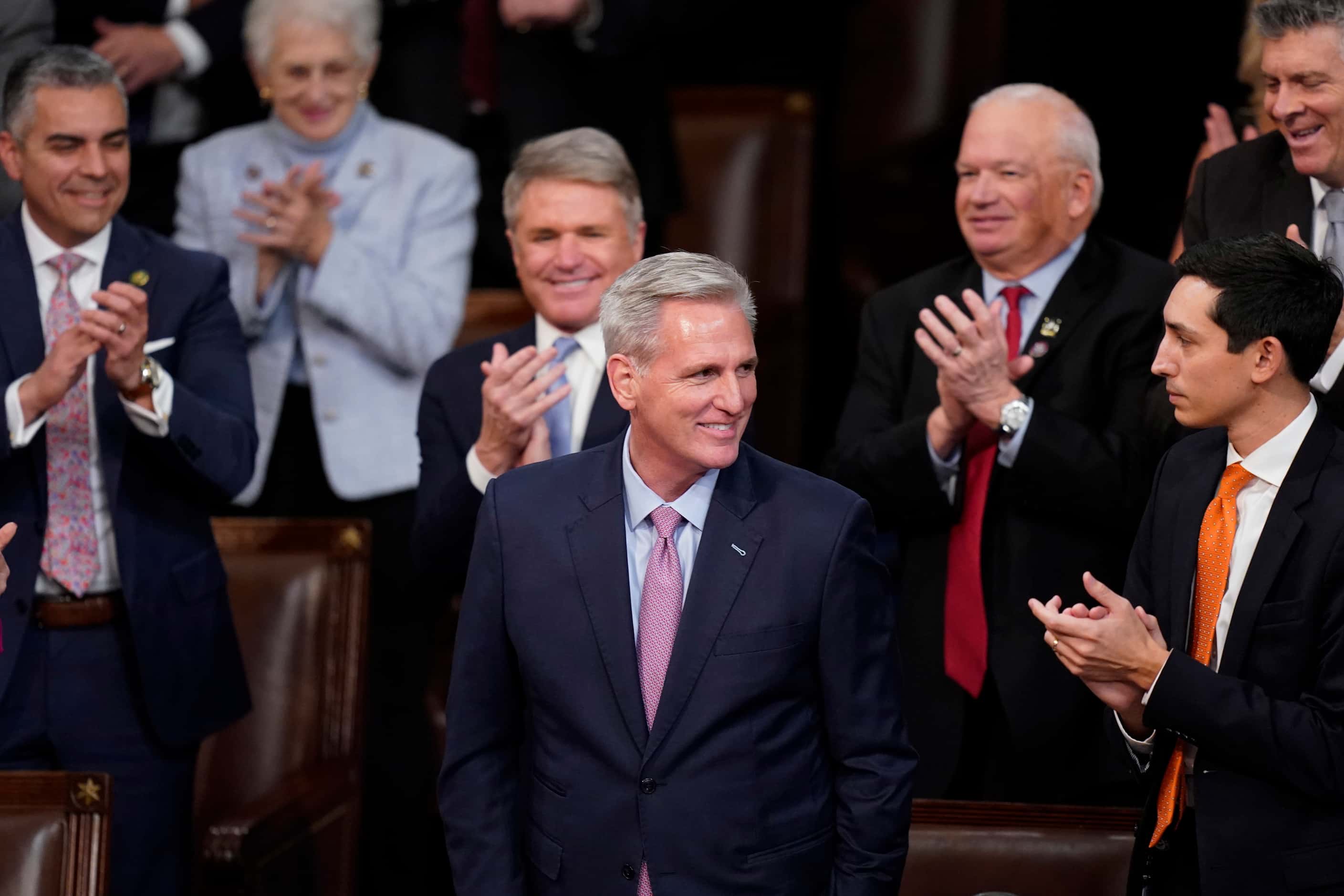 Rep. Kevin McCarthy, R-Calif., smiles after voting for himself in the House chamber as the...
