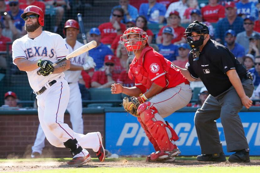 Texas Rangers first baseman Mike Napoli (25) is pictured during the Los Angeles Angels vs....