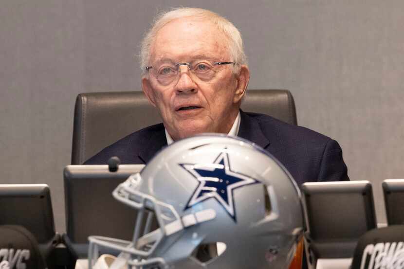 (From left) Dallas Cowboys Owner Jerry Jones heads the table in The War Room during the...