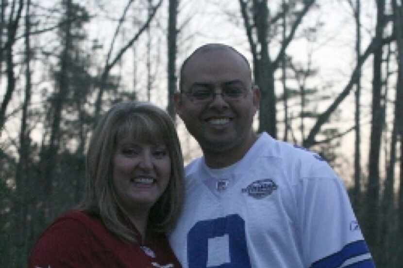 Wearing rival NFL jerseys, Trish Whitt (left) and Haisam Abouzaid (right) were married...