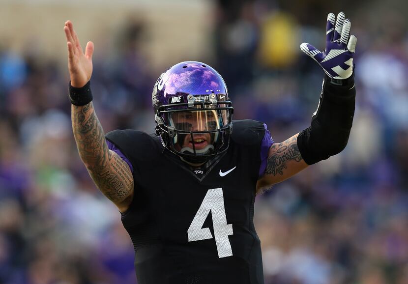 TCU QB Casey Pachall celebrates a touchdown against the Baylor Bears. (Photo by Ronald...