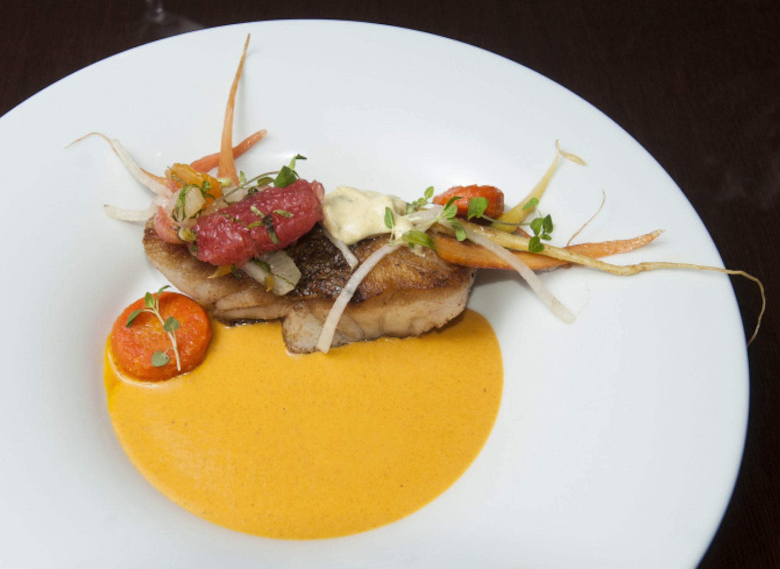 The menu, which changes frequently, always offers a third-coast catch. Here it is vermilion...