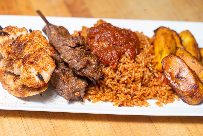 Chef Kev Ashade's chicken and beef suya with fried plantains and jollof rice