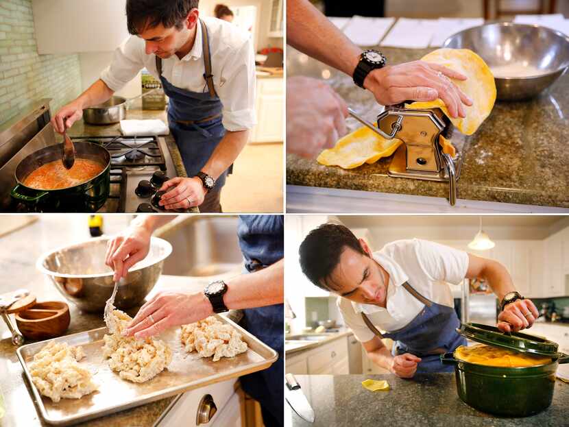 Clockwise from top left: Barsotti prepares Bolognese sauce; rolling out pasta sheets;...