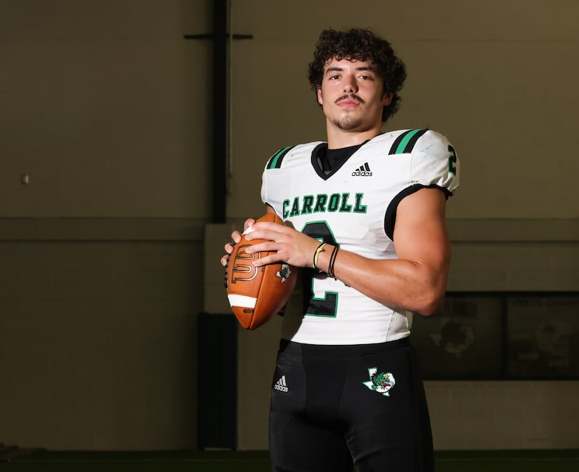 Southlake Carroll rising senior Owen Allen stands in the Dragons’ indoor practice facility...