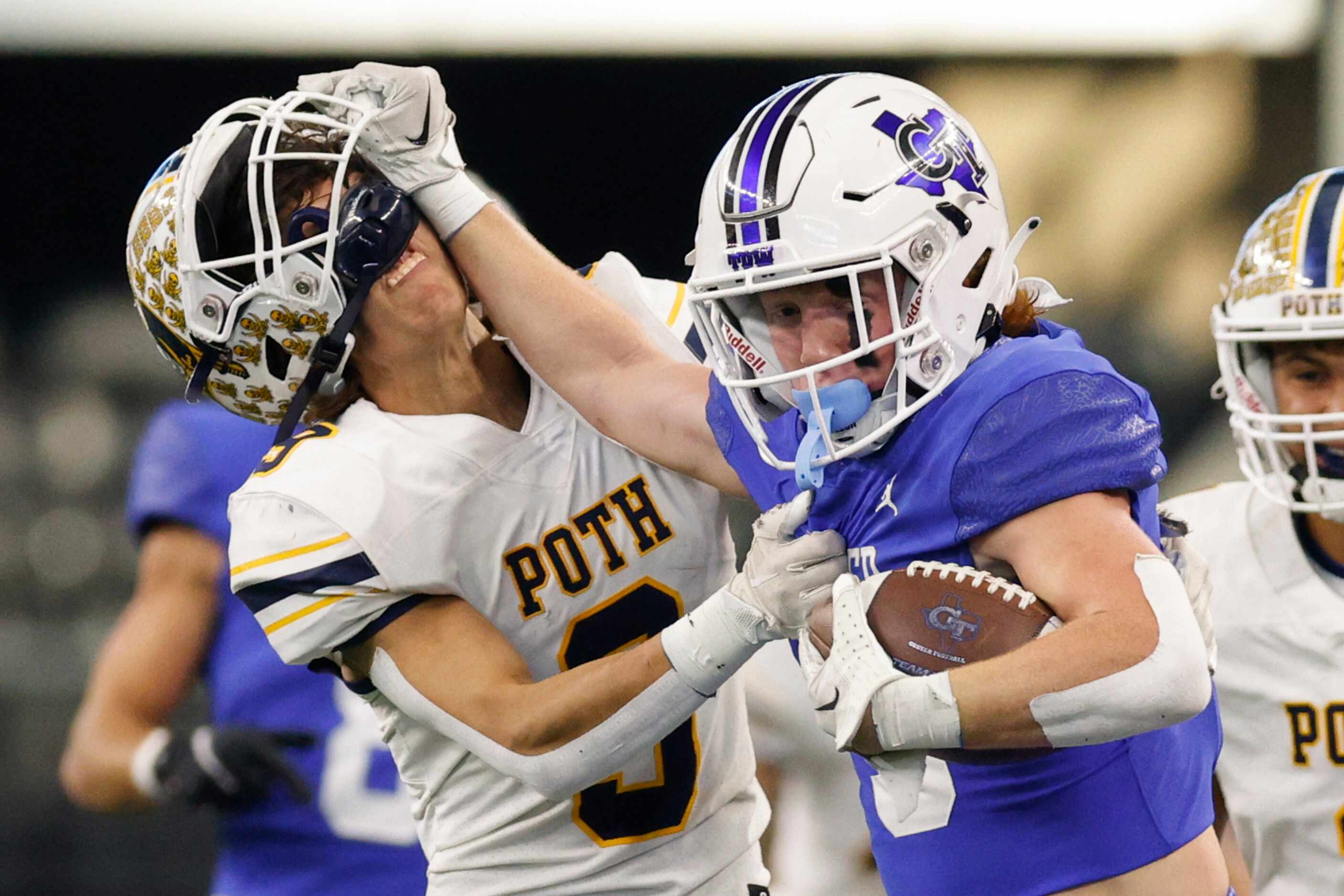 Gunter wide receiver Cannon Lemberg (5) grabs the facemark of Poth defensive back Seth...