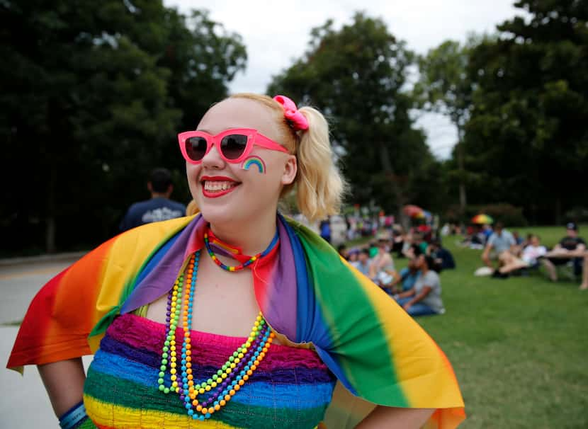 Elizabeth Kilday wore an array of rainbows while watching the parade along Turtle Creek...