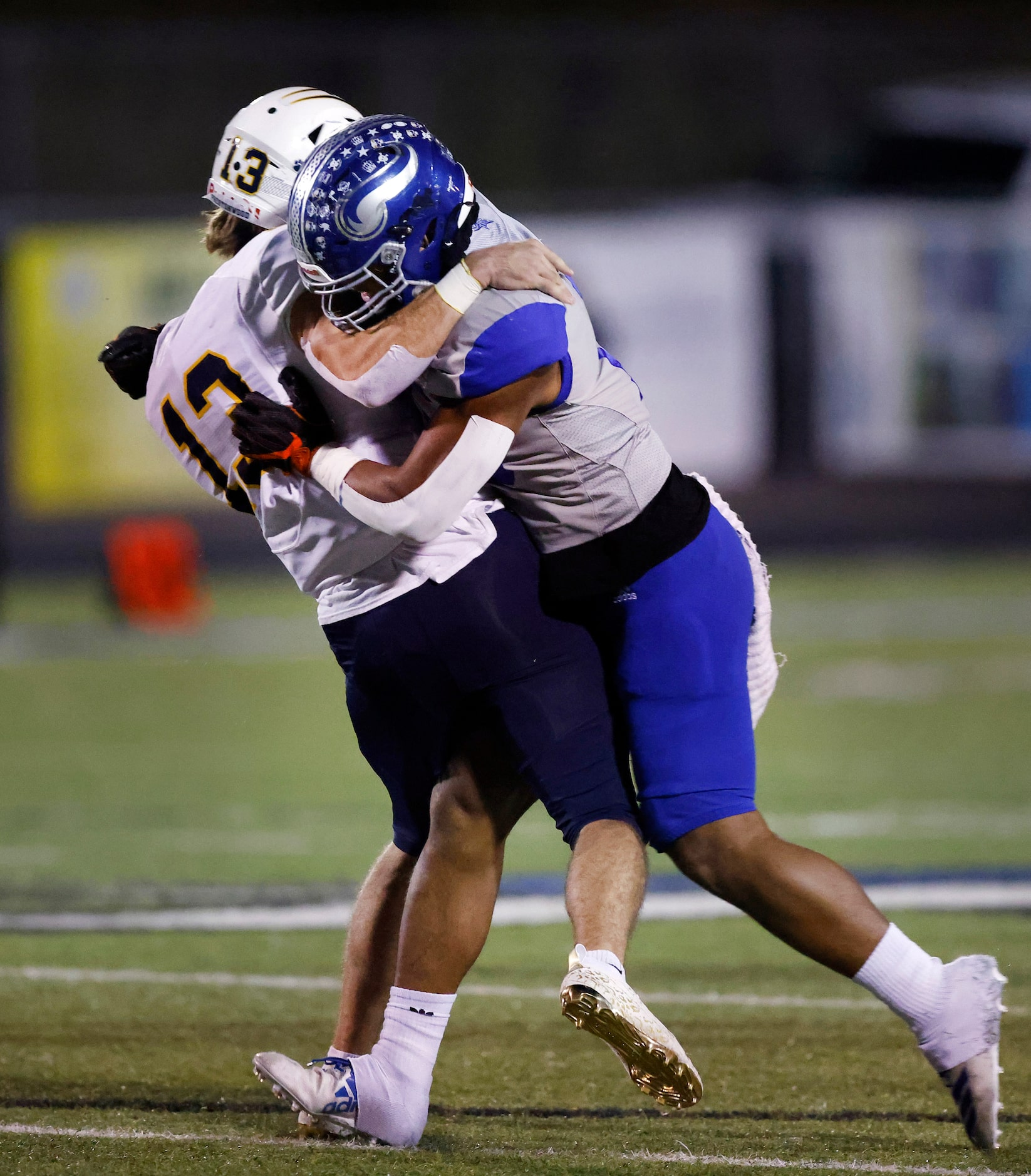 Fort Worth Nolan linebacker Samu Vave (15) sacks Plano Prestonwood Christian Academy...