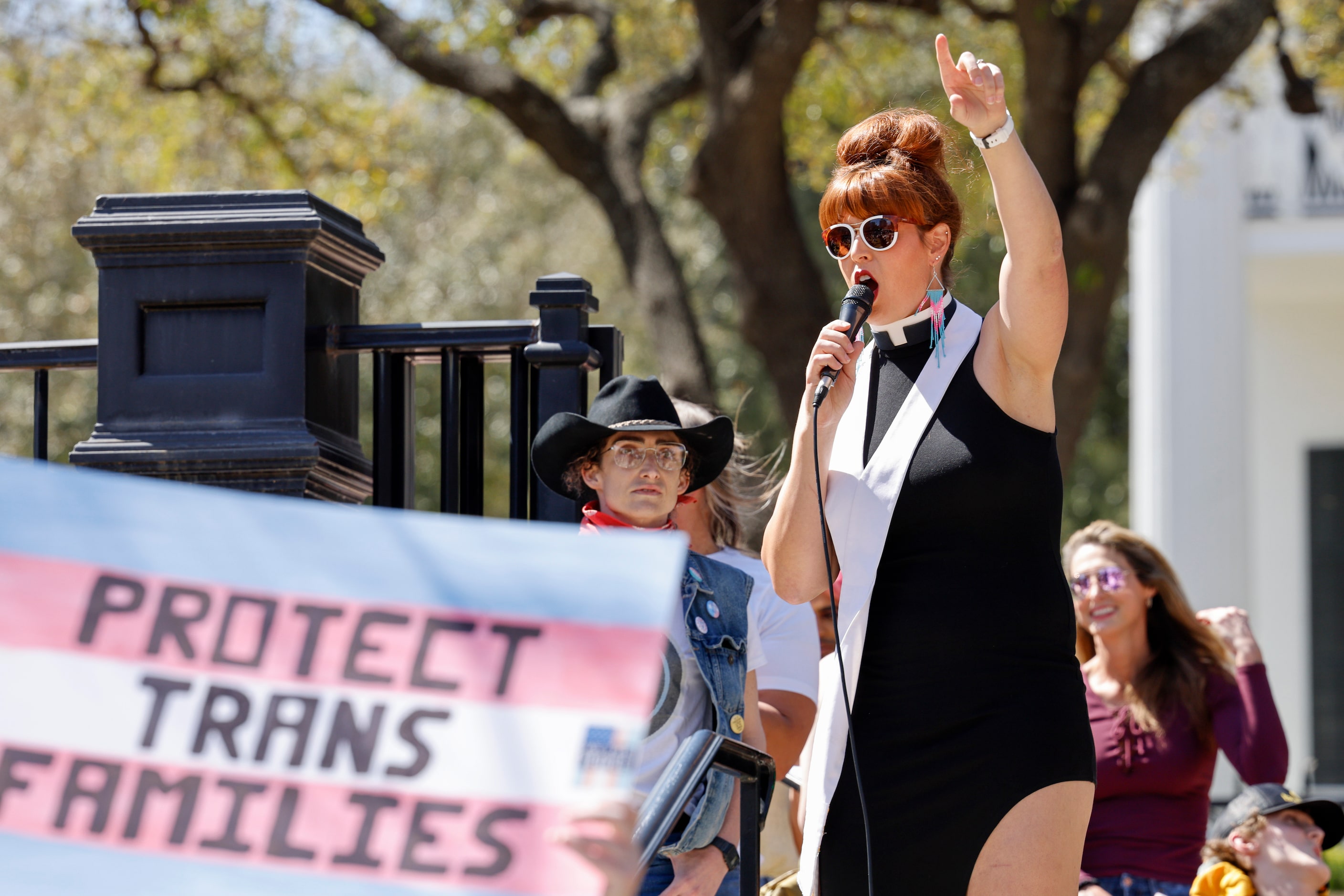 Rev. Remington Olivia Johnson speaks during the "Trans Kids Cry For Help" rally outside the...