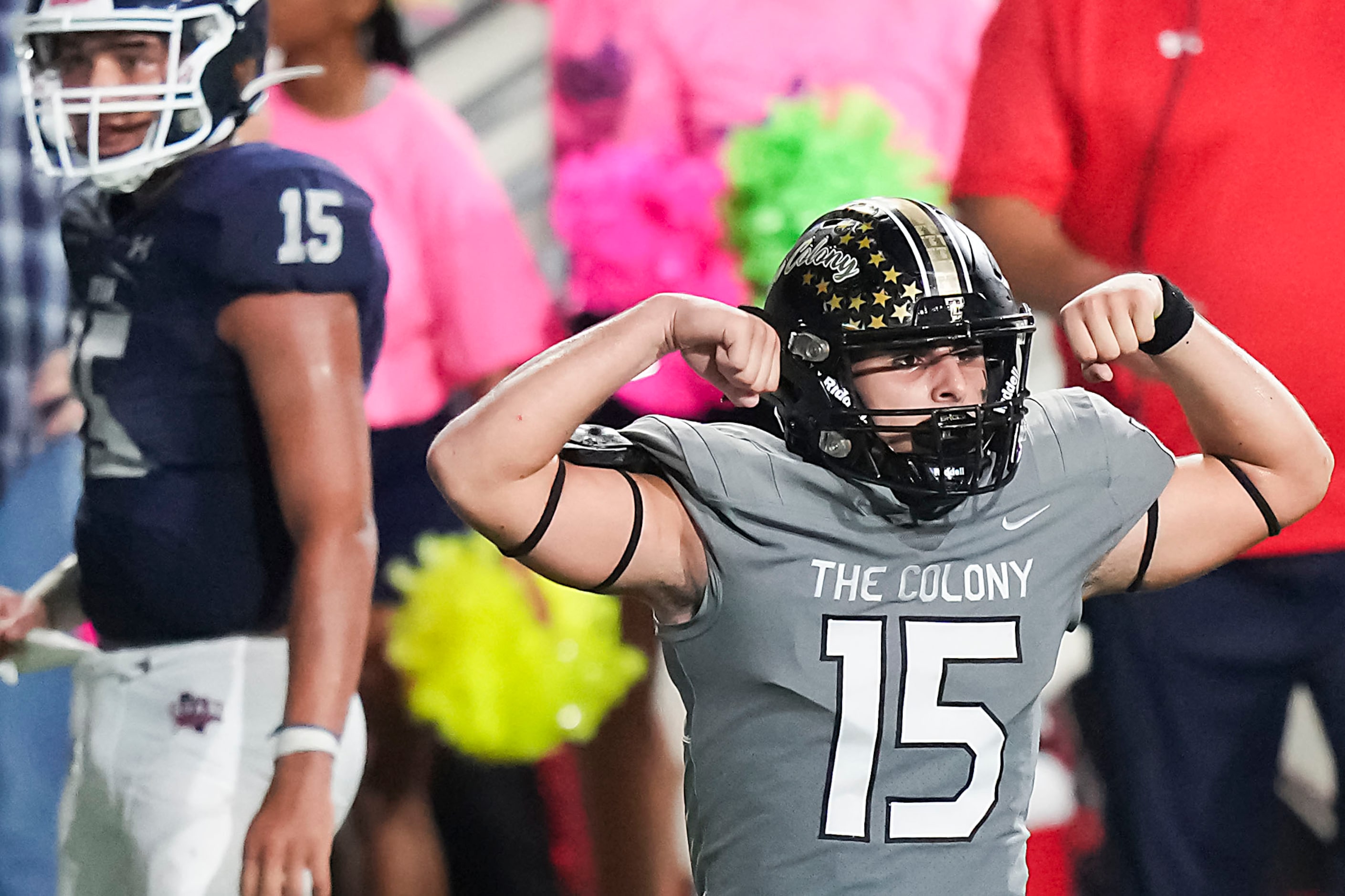 Colony linebacker Jaden Rodgers celebrates after stopping Denton Ryan quarterback TJ Hobbs...