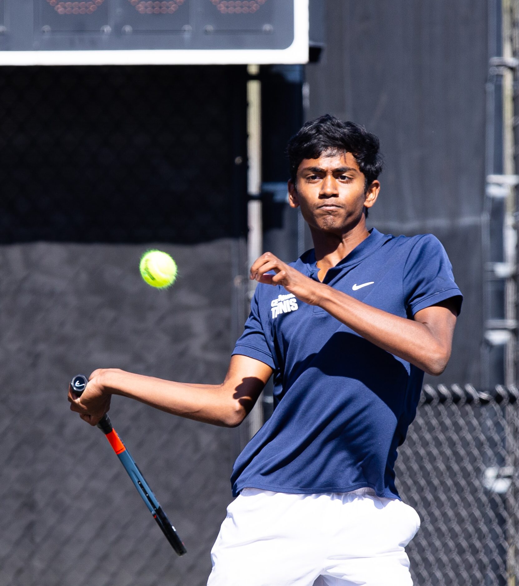 Frisco Centennial’s Shriyan Daggumalli returns a shot during a doubles match with partner...