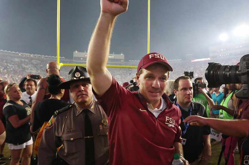 Florida State head coach Jimbo Fisher celebrates after a 29-24 win against Miami at Doak...