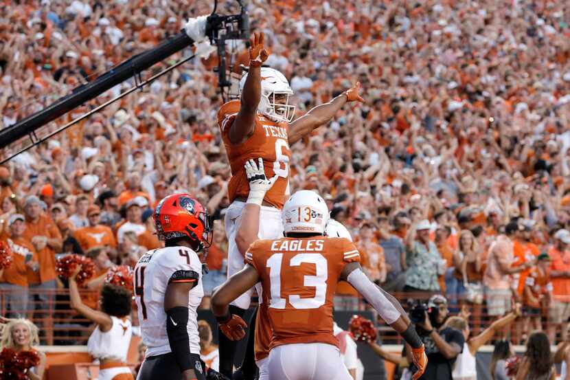 AUSTIN, TX - SEPTEMBER 21:  Devin Duvernay #6 of the Texas Longhorns celebrates with...