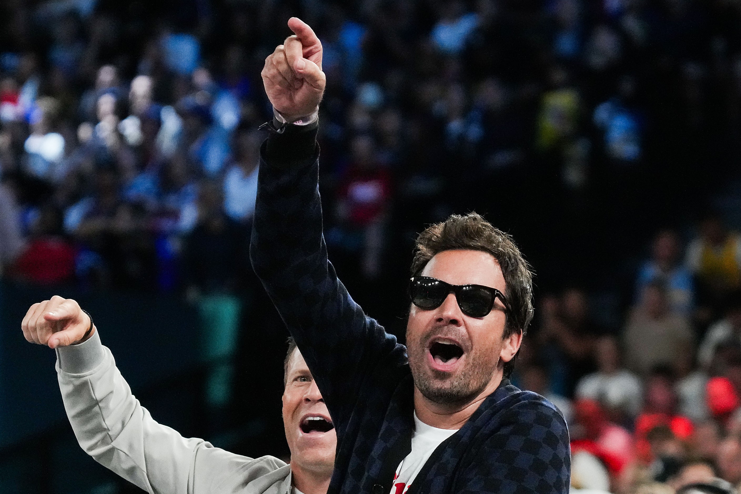 Jimmy Fallon cheers for the United States during the men's gold medal basketball game...