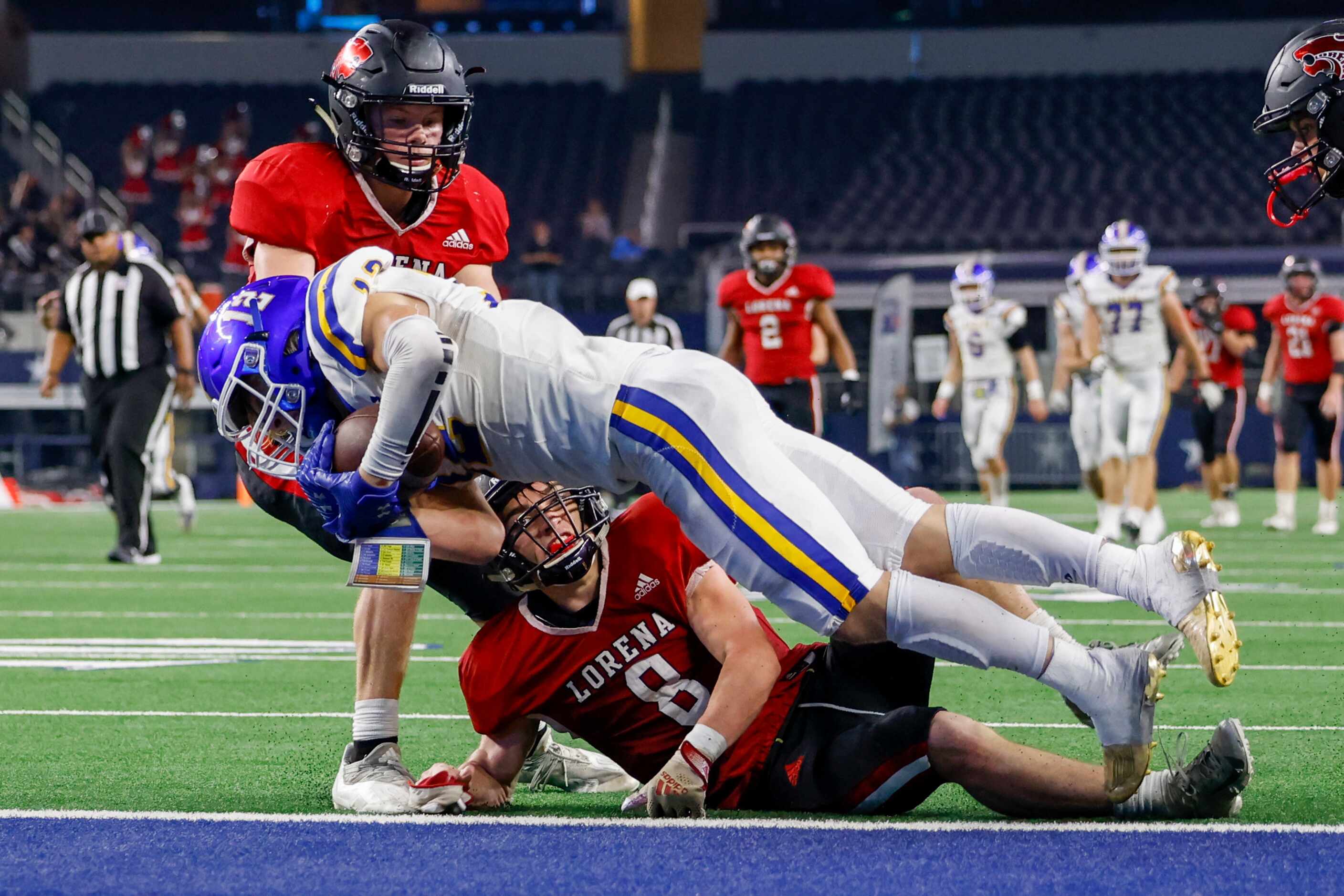 Brock wide receiver Elijah Potts (12) falls into the end zone for a touchdown over Lorena...