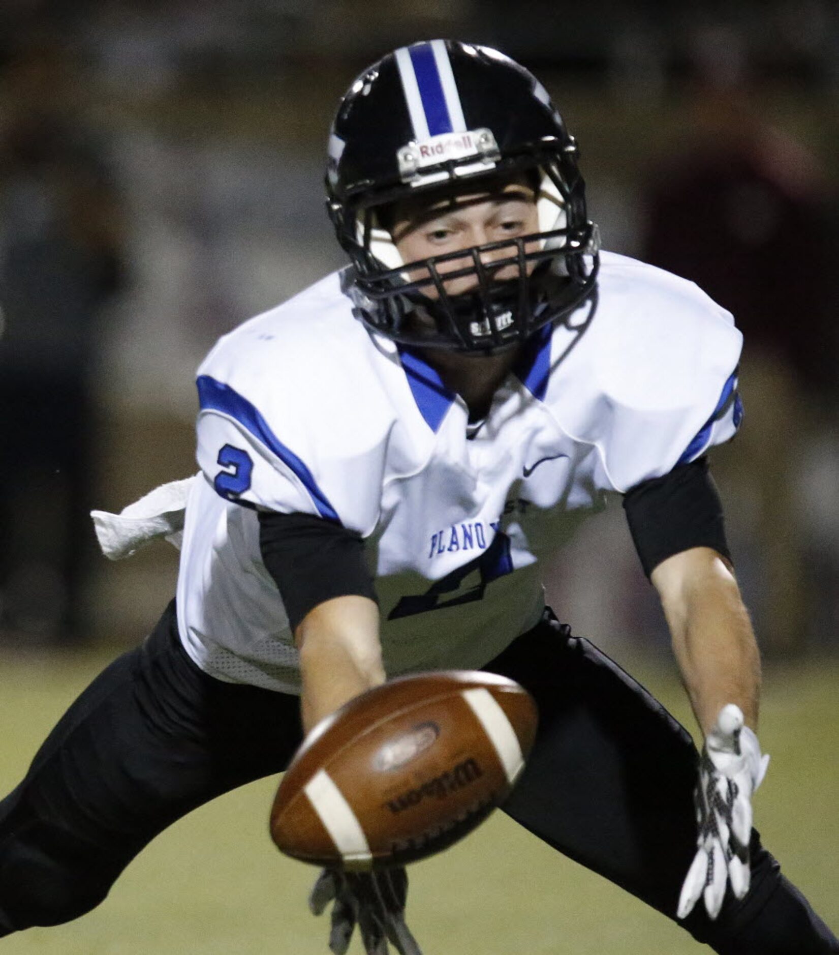 Plano West High School wide receiver Bennett Dubrow (2) was unable to hang onto the pass in...