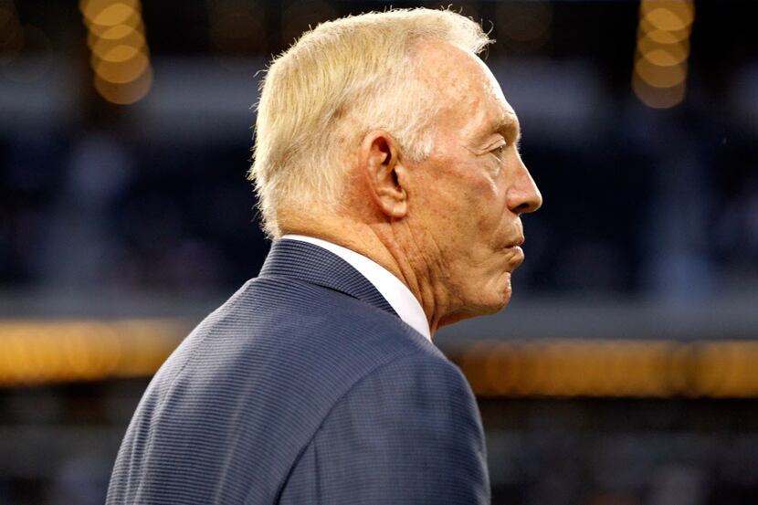 ARLINGTON, TX - OCTOBER 01:  Team owner Jerry Jones of the Dallas Cowboys looks on against...