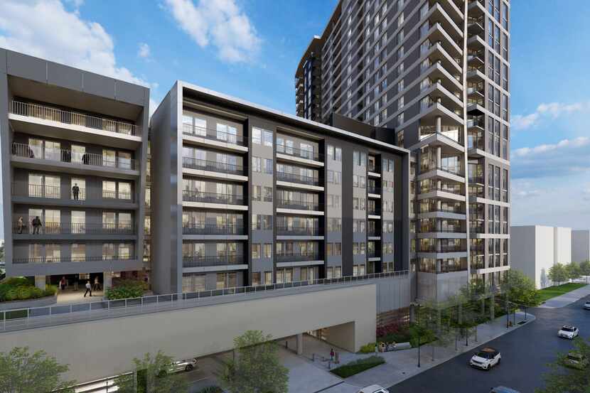 Rendering of a proposed apartment tower in Dallas' Victory Park development.