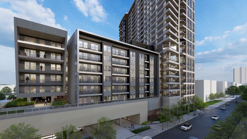 A rendering for a proposed apartment tower in Dallas' Victory Park development.