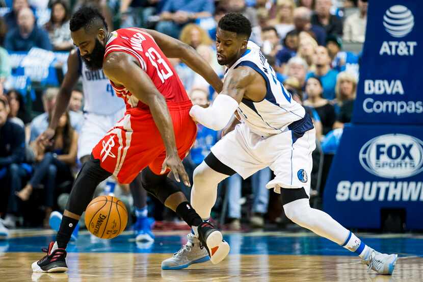 Dallas Mavericks guard Wesley Matthews (23) defends against Houston Rockets guard James...